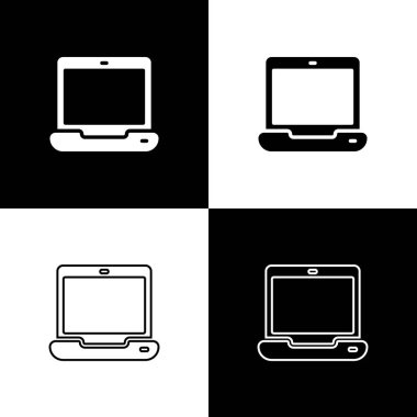 Laptop simgesini siyah beyaz arkaplanda izole et. Boş ekran işaretli bilgisayar defteri. Vektör