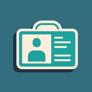 Green Identification badge icon isolated on green background. It can be used for presentation, identity of the company, advertising. Long shadow style. Vector