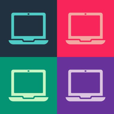 Pop sanat dizüstü bilgisayar simgesi renk arkaplanında izole edildi. Boş ekran işaretli bilgisayar defteri. Vektör