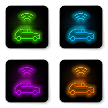 Glowing neon line Smart car system with wireless connection icon isolated on white background. Black square button. Vector.