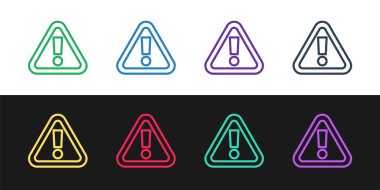 Siyah ve beyaz arkaplanda izole edilmiş üçgen simgesinde çizgi ünlem işaretini ayarla. Tehlike uyarısı, dikkat, dikkat, tehlike uyarısı. Vektör.