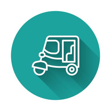 White line Taxi tuk tuk icon isolated with long shadow. Indian auto rickshaw concept. Delhi auto. Green circle button. Vector.