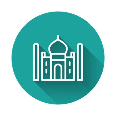 White line Taj Mahal mausoleum in Agra, Indiaicon isolated with long shadow. Green circle button. Vector.
