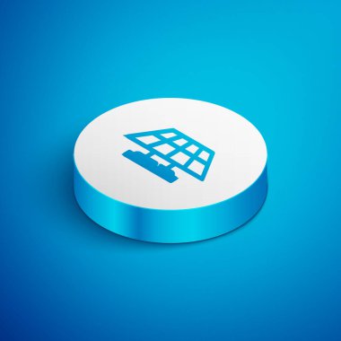 Isometric line Solar energy panel icon isolated on blue background. White circle button. Vector.