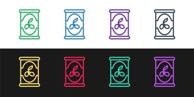 Siyah ve beyaz arkaplanda zeytin kutusu simgesini belirle. Konserve yiyecek kavramı. Vektör.