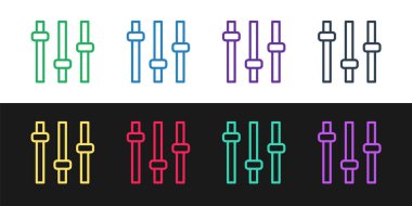 Çizgi Müzik eşitleyici simgesini siyah ve beyaz arkaplanda izole et. Ses dalgası. Ses dijital dengeleyici teknolojisi, konsol paneli, nabız müzikali. Vektör.