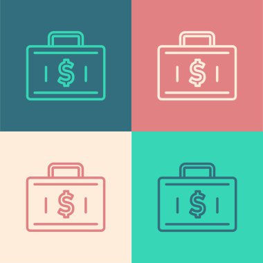 Pop art line Briefcase and money icon isolated on color background. Business case sign. Business portfolio. Financial management.  Vector.