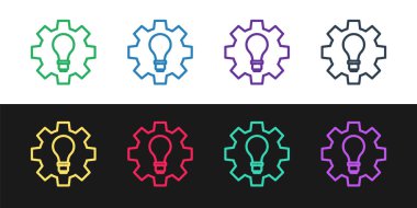 Set line Light bulb and gear icon isolated on black and white background. Innovation concept. Business idea.  Vector.