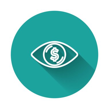 White line Eye with dollar icon isolated with long shadow. Green circle button. Vector.