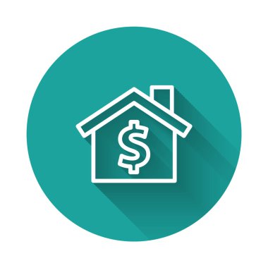 White line House with dollar symbol icon isolated with long shadow background. Home and money. Real estate concept. Green circle button. Vector