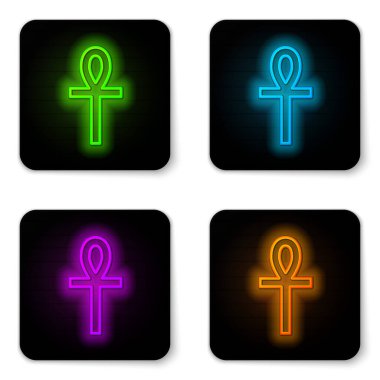 Parlayan neon çizgisi çapraz ankh simgesi beyaz arkaplanda izole edildi. Siyah kare düğme. Vektör