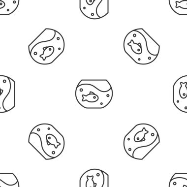 Grey line Aquarium with fish icon isolated seamless pattern on white background. Round glass aquarium. Aquarium for home and pets.  Vector