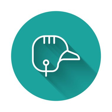 White line Baseball helmet icon isolated with long shadow background. Green circle button. Vector