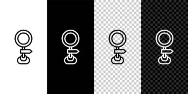 Yol trafik işaretini ayarla. Siyah beyaz, şeffaf arkaplanda işaret simgesi izole edildi. İşaretçi sembolü. İzole sokak bilgi levhası. Yön tabelası. Vektör