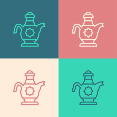 Pop art line Islamic teapot icon isolated on color background.  Vector
