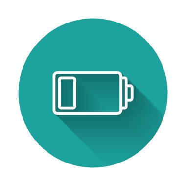 Beyaz çizgi Batarya şarj seviyesi gösterge simgesi uzun gölge arkaplan izole. Yeşil daire düğmesi. Vektör