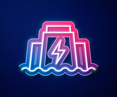 Glowing neon line Hydroelectric dam icon isolated on blue background. Water energy plant. Hydropower. Hydroelectricity.  Vector