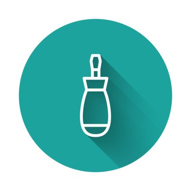 Beyaz çizgi tornavida simgesi uzun gölge arkaplanı ile izole edildi. Servis aracı sembolü. Yeşil daire düğmesi. Vektör