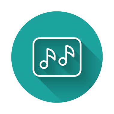 White line Music note, tone icon isolated with long shadow background. Green circle button. Vector