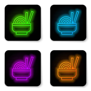 Glowing neon line Asian noodles in bowl and chopsticks icon isolated on white background. Street fast food. Korean, Japanese, Chinese food. Black square button. Vector