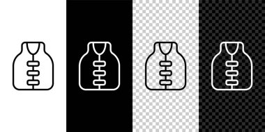 Çizgi Hayat Ceketi simgesi siyah beyaz, şeffaf arkaplanda izole edildi. Can yeleği ikonu. Olağanüstü bir spor. Spor malzemeleri. Vektör