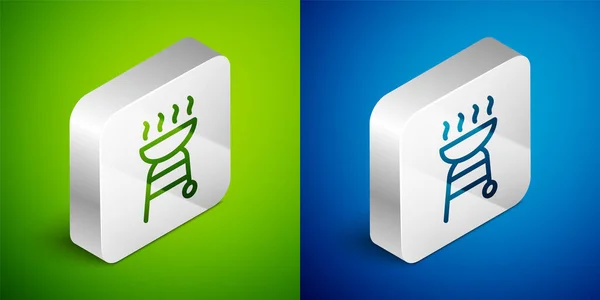 Isometric line Barbecue grill icon isolated on green and blue background. BBQ grill party. Silver square button. Vector