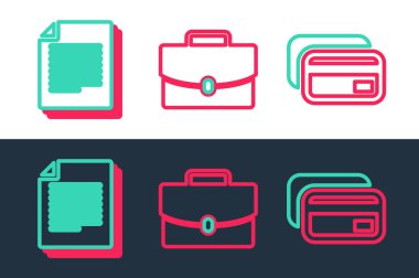 Set line Credit card, Document and Briefcase icon. Vector
