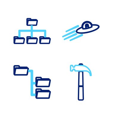 Set line Hammer, Folder tree, UFO flying spaceship and alien and  icon. Vector