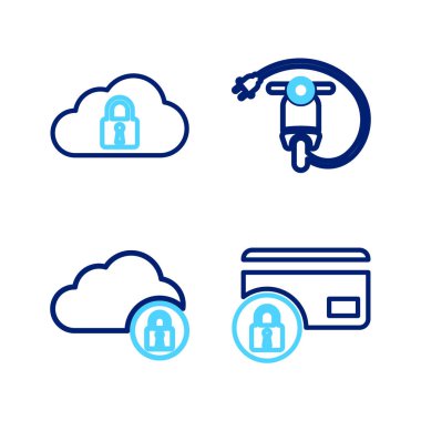 Set line Credit card with lock, Cloud computing, Electric scooter and  icon. Vector