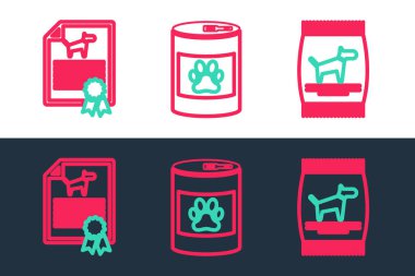 Set line Bag of food for dog, Certificate cat and Canned icon. Vector