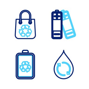Set line Recycle clean aqua, Battery with recycle,  and Shopping bag icon. Vector