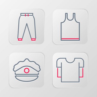 Set line Long sleeve shirt, Police cap with cockade, Sleeveless T-shirt and Sport pants icon. Vector