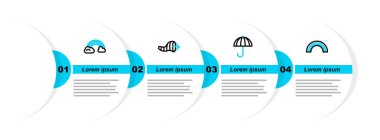 Set line Rainbow, Umbrella, Cone meteorology windsock wind vane and with clouds icon. Vector