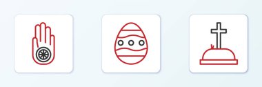 Set line Tombstone with cross, Jainism or Jain Dharma and Easter egg icon. Vector