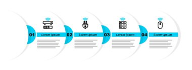 Set line Wireless mouse, Smart server, electric plug and TV box receiver icon. Vector