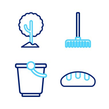 Set line Bread loaf, Bucket, Garden rake and Tree icon. Vector
