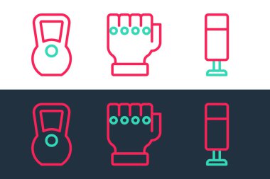 Set line Punching bag, Kettlebell and MMA glove icon. Vector