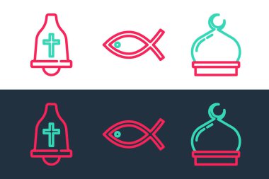 Set line Muslim Mosque, Church bell and Christian fish icon. Vector