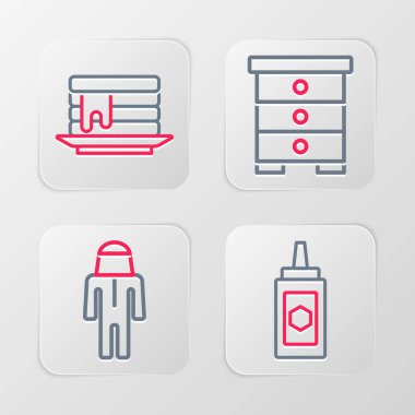 Set line Jar of honey, Beekeeper with protect hat, Hive for bees and Stack pancakes icon. Vector