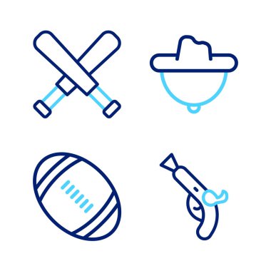 Set line Vintage pistols, American Football ball, Western cowboy hat and Crossed baseball bat icon. Vector