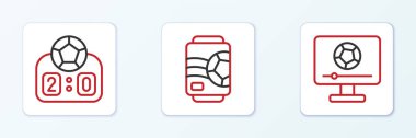 Set line Football match on TV, Sport mechanical scoreboard and Beer can icon. Vector