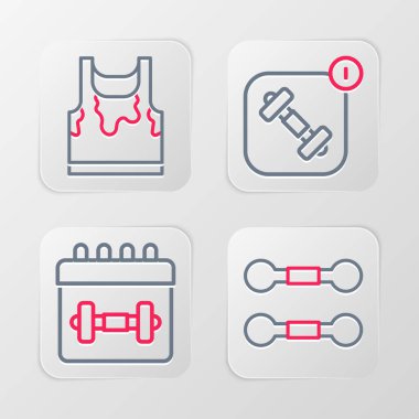 Set line Dumbbell, Calendar fitness, Fitness app and Sweaty sleeveless t-shirt icon. Vector