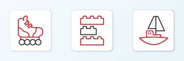 Set line Toy boat, Roller skate and building block bricks icon. Vector