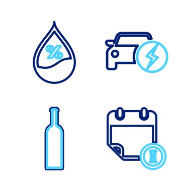 Takvim ve saati ayarla, bir şişe şarap, elektrikli araba ve su bırakma yüzdesi simgesi. Vektör
