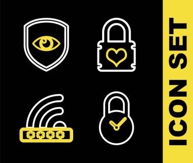 Asma kilidi kalp, saat, Wifi kilitlendi ve kalkan ve göz ikonu ile ayarla. Vektör