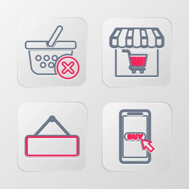 Cep telefonu, alışveriş arabası, tabela asma, market alışverişi ve sepet simgesini kaldır. Vektör