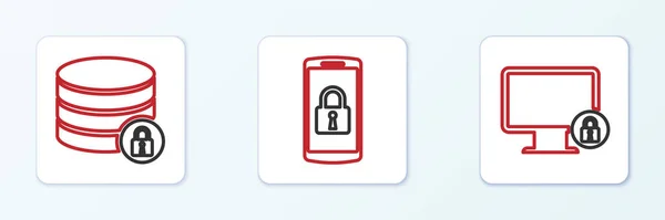 Set Line Lock Monitor Server Security Lock Smartphone Icon Vector — Stock Vector