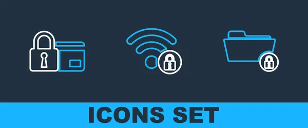 Set Line Folder Lock Credit Card Wifi Locked Icon Vector — Stock Vector