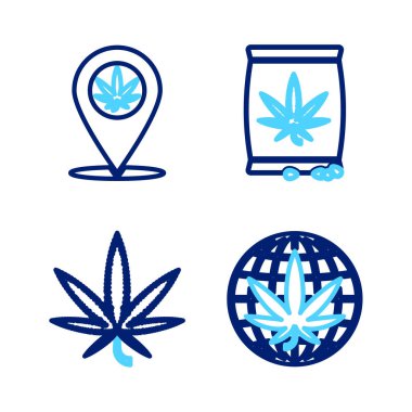 Marihuanayı, marihuanayı, kenevir yaprağını, tohumları, mekanı ve ikonu yasallaştırın. Vektör