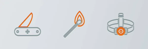 stock vector Set line Head flashlight, Swiss army knife and Burning match with fire icon. Vector